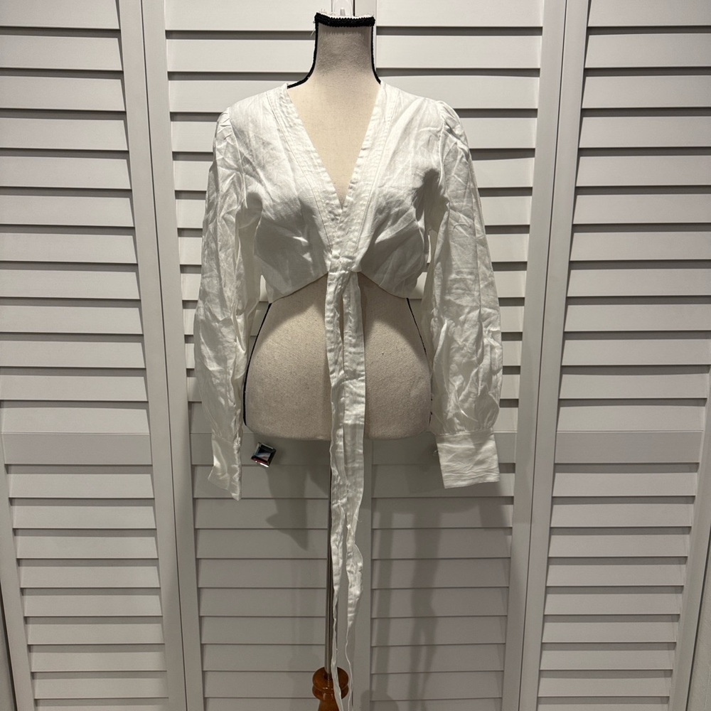 DISSH Annie White Linen Crop lined Tie-Front Top